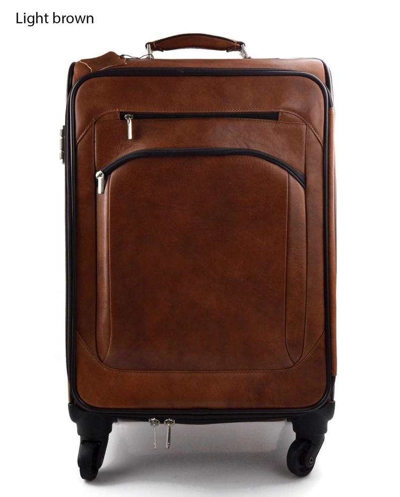 Leather Trolley Travel Bag Weekender Overnight Light Brown With Four Wheels Leather Cabin Luggage Airplane IHS-0002