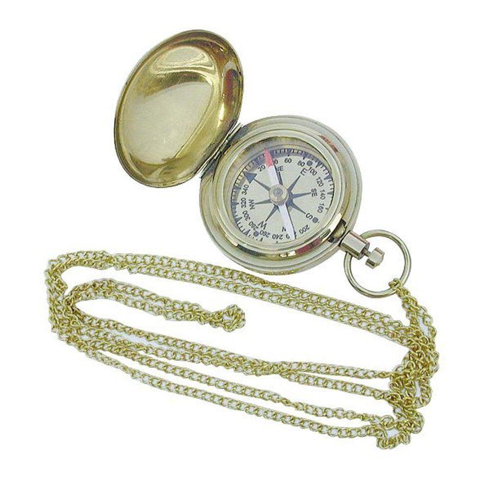 NAUTICAL BRASS PUSH BOTON COMPASS W/WOODEN BOX AND LONG BRASS CHAIN HANDMADE COLLECTION CHCOM642