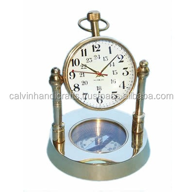 BEAUTIFUL SOLID BRASS 5.5" HANGING CLOCK WITH WORKING COMPASS CHCOM631