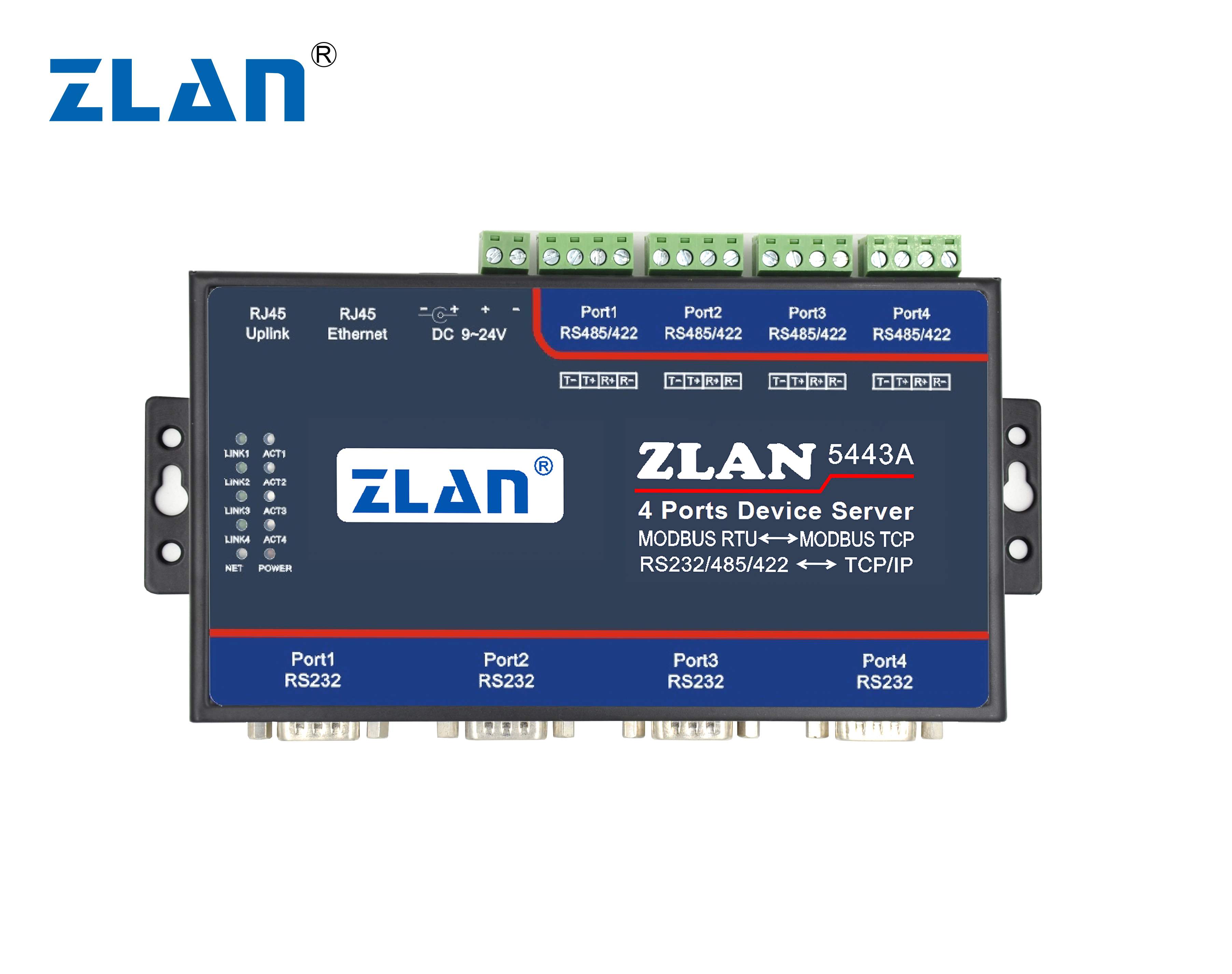 ZLAN5443A 4 порта RS232 RS485 RS422 в Ethernet TCP IP конвертер Modbus RTU отложным воротником TCP шлюз последовательный сервер последовательных устройств