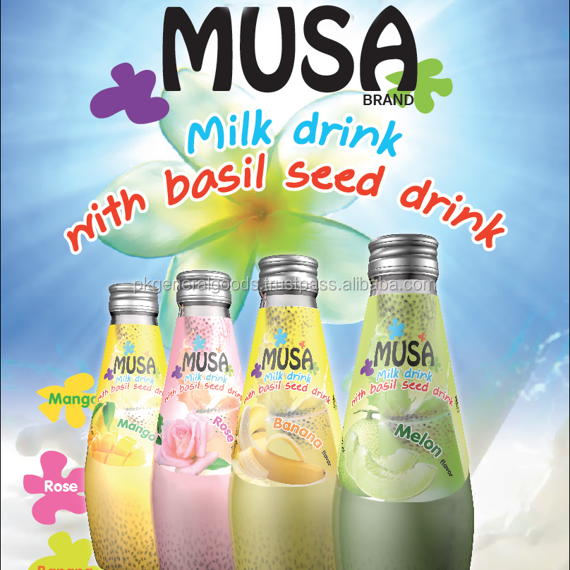 Молочный напиток с семенами базилика от бренда MUSA, стеклянная бутылка 290 мл