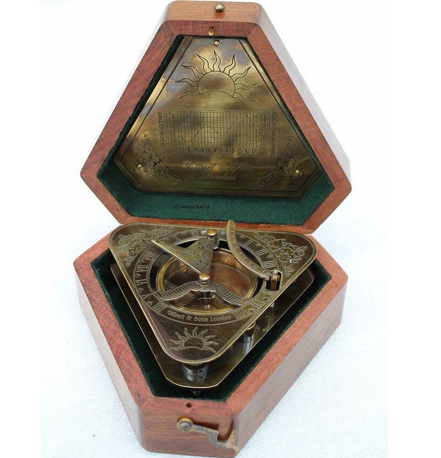 Brass Compass 4 Inch Perfectly Calibrated Handmade Sundial Compass Triangle in Wooden Box CHCOM624