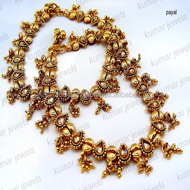 Gold Plated Wedding Party Wear Indian Traditional Uncut Polki Stones Beaded Golden Anklets
