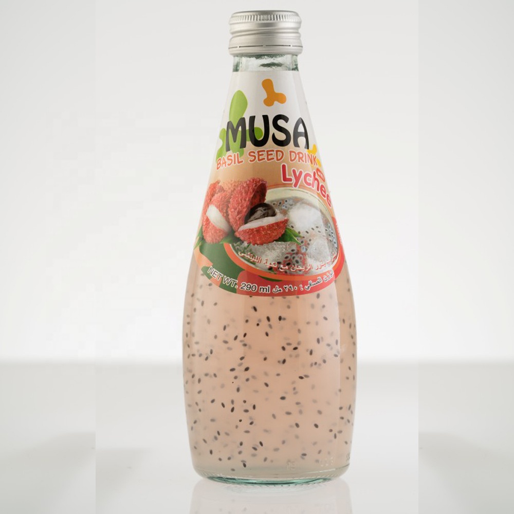 Напиток из семян базилика, сок, личи, стеклянная бутылка 290 мл, бренд MUSA