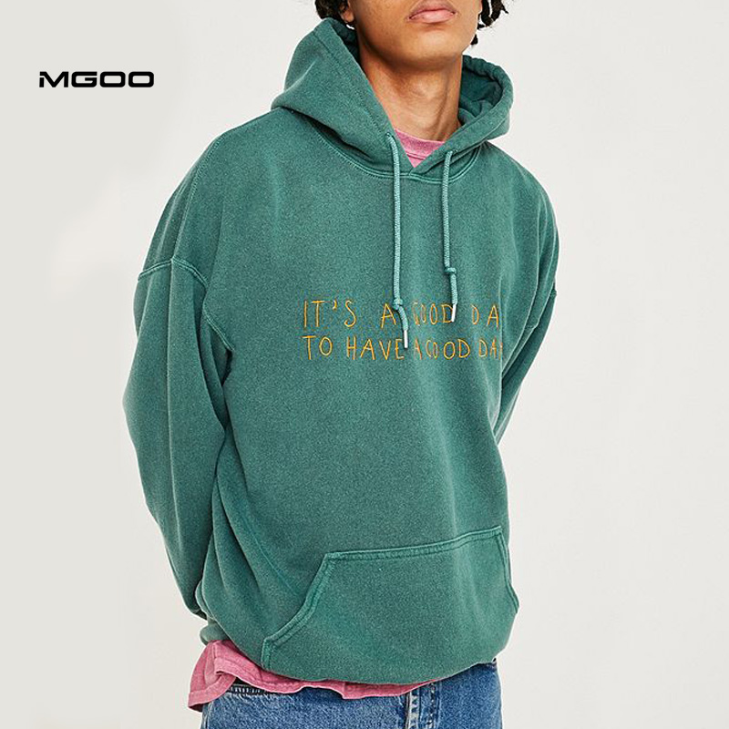 MGOO 12oz негабаритных мыть зеленый цвет пуловер таможня золотой вышивкой логотипа толстовки
