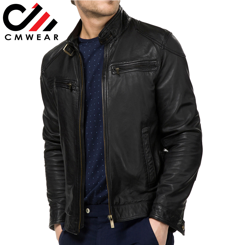 Новые мужские из натуральной овчины кожаная куртка черного цвета для Slim Fit Байкерская мотоциклетная куртка