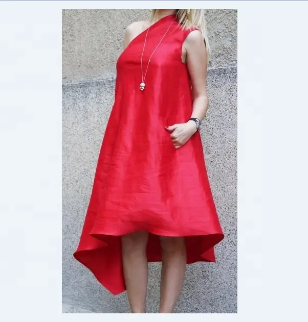 Red Asymmetrical Women's Fashion Tunic Red Linen Casual Kaftan Party Dress One Shoulder Maternity Dress
