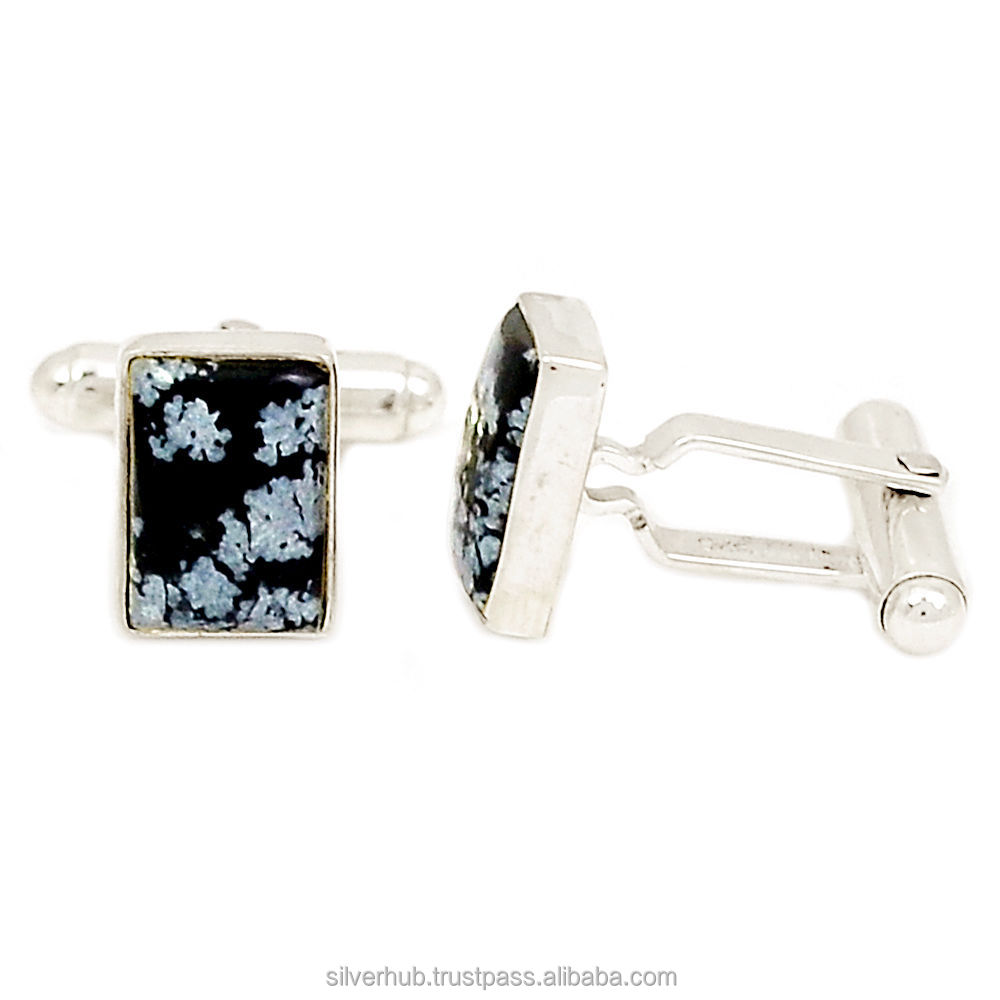 Unique 925 Sterling Silver Snowflake Obsidian Handmade Cuff Links