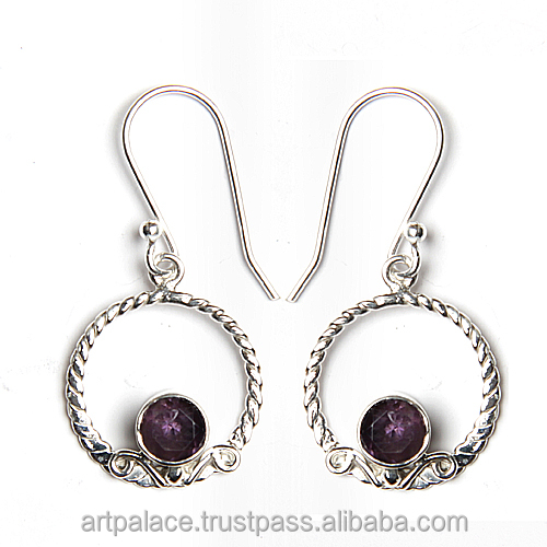 Creative Designer 925 Sterling Silver Round Amethyst Gemstone Earring
