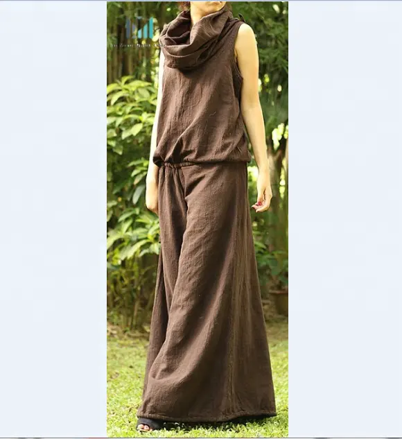 Boho hippie long pants wide side... Natural cotton in Brown color Hoodie Jumpsuit