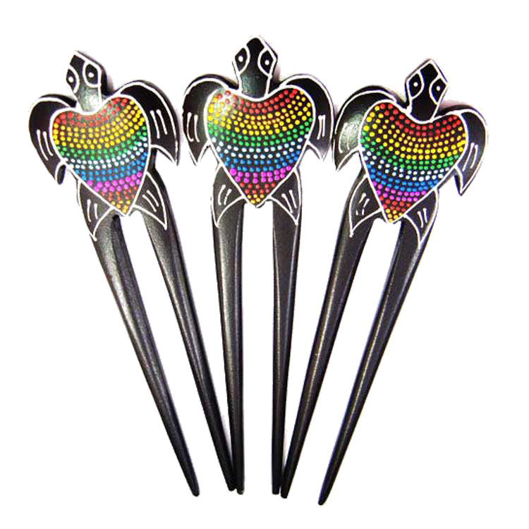 Fashion accessories wooden hair stick turtle shaped hand painted from Indonesia