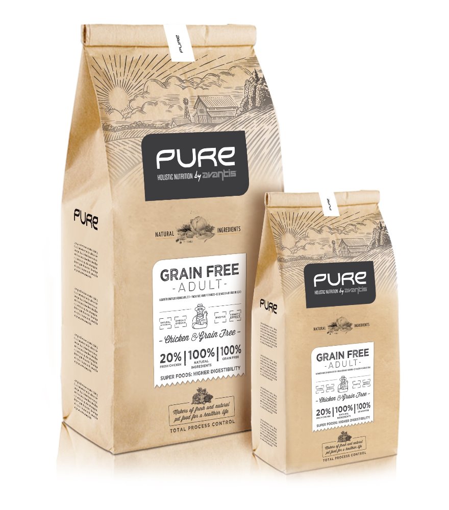 Сухой Супер-Премиум корм для собак PURE by Avantis GRAIN бесплатно для взрослых собак. Без ГМО с свежей курицей на экологически чистом пакете