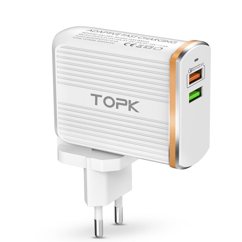 TOPK B232Q 30 Вт QC3.0 зарядное устройство с двумя портами USB зарядное устройство Quick Charge 3,0 с 2 портами для скоростного мобильного телефона адаптер зарядного устройства для автомобиля