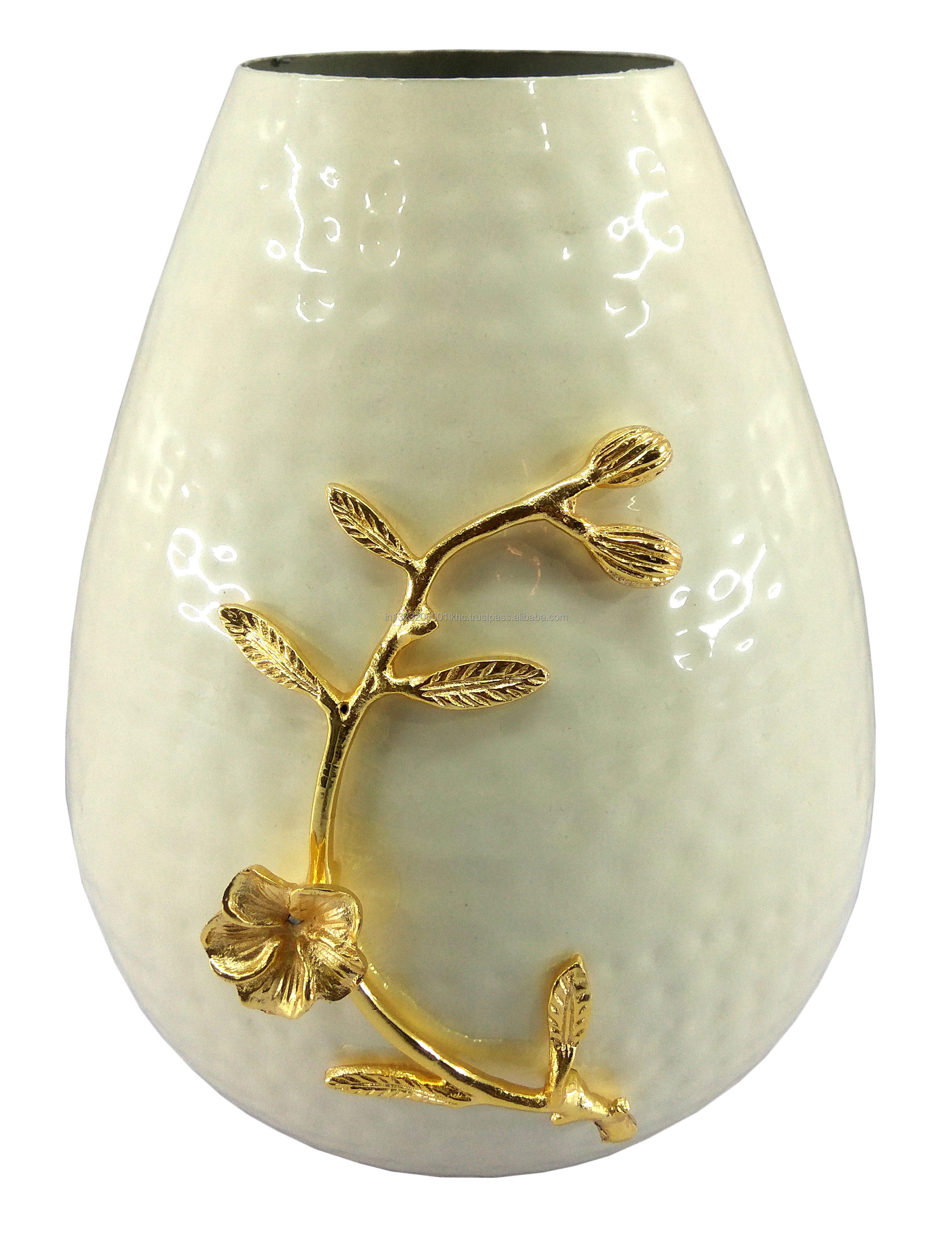 Aluminium Metal Modern Hammered Flower Vase with Golden Floral Design and Ivory Colour