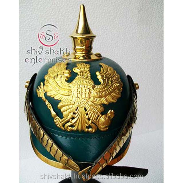 Зеленый кожаный шлем с латунным ремнем, немецкий прусский шлем Pickelhaube