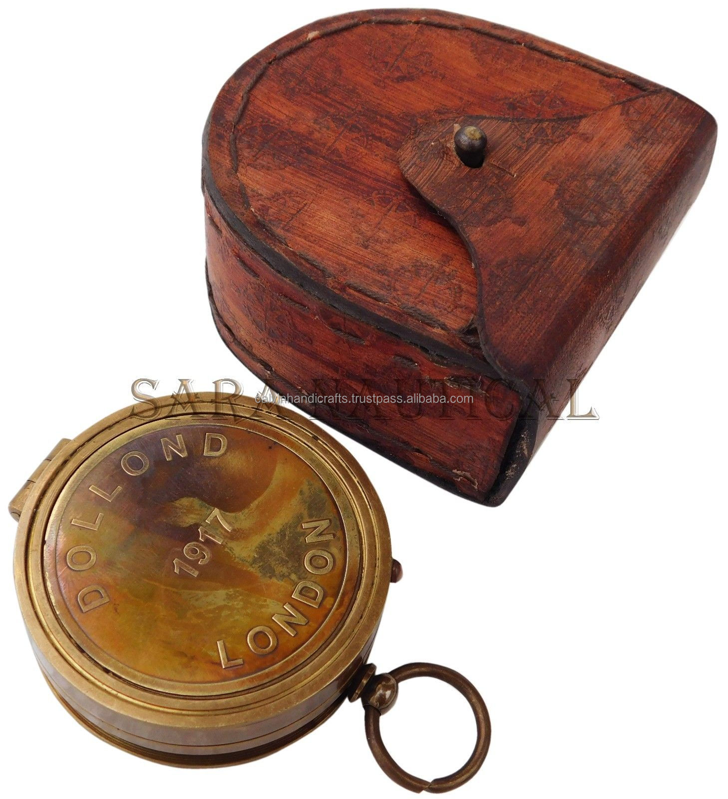 Vintage Antique Brass Sundial Compass Dollond London with Marine Leather Case CHCOM637