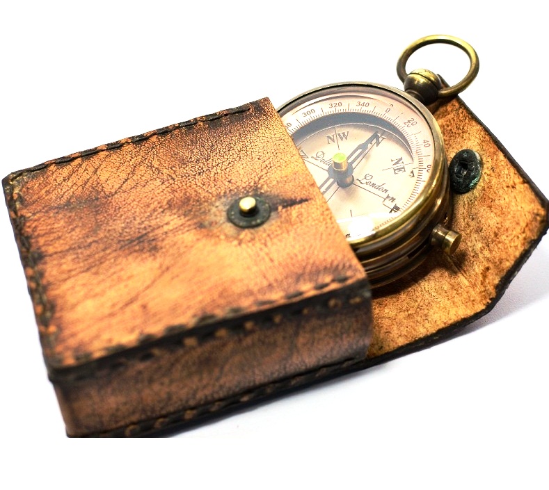 Brass nautical dollond London compass with leather case marine decor item gift CHCOM493