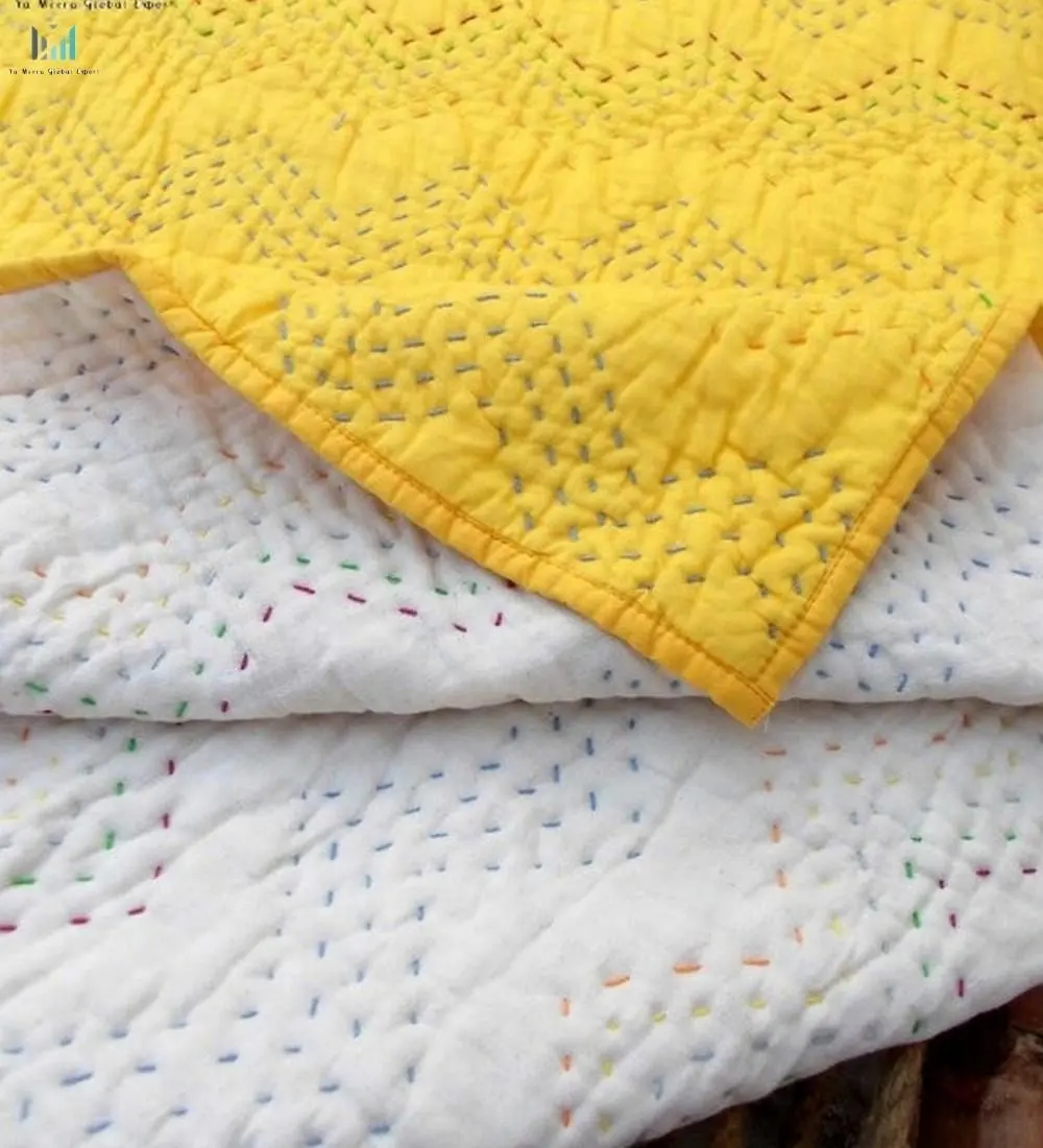 Yellow bedspread, zigzag cotton kantha quilt, 90X108 inches chevron pattern 100% cotton