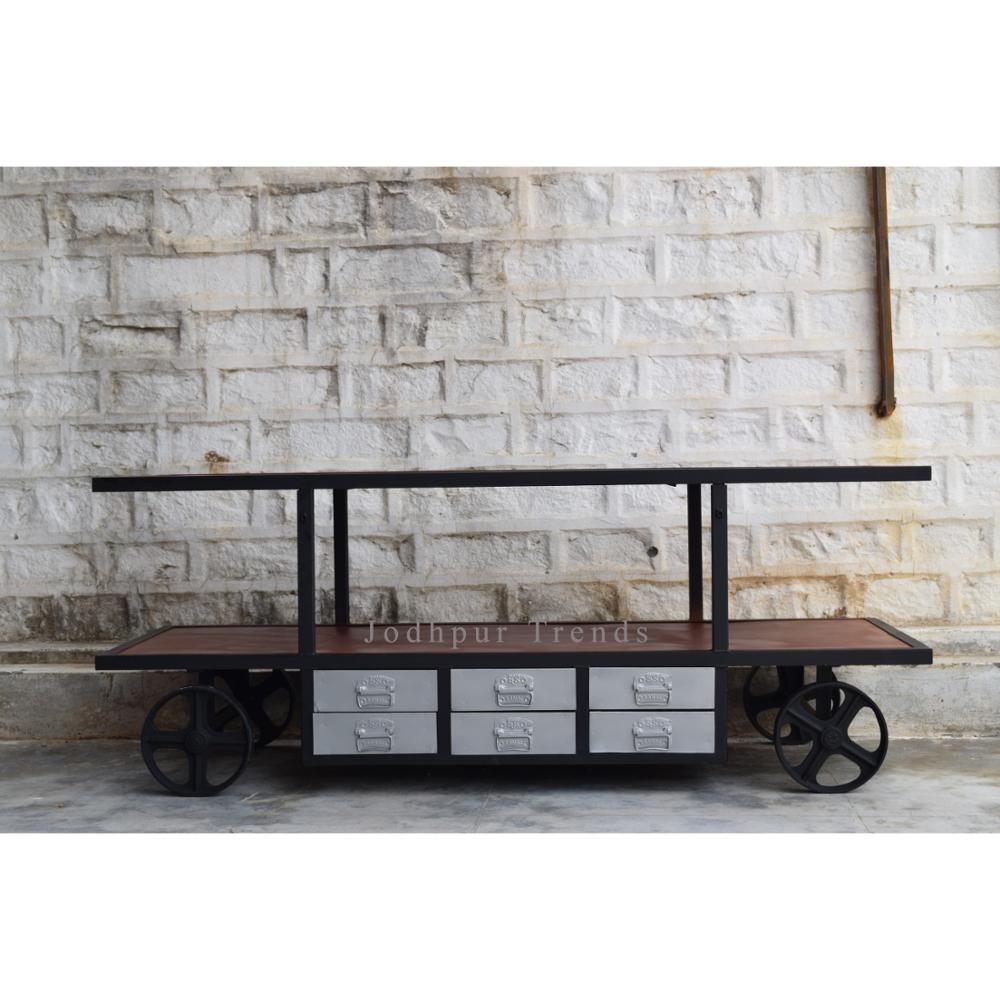 Iron Industrial Vintage Kitchen Cart Furniture Six Drawer Service Trolley with Wheel
