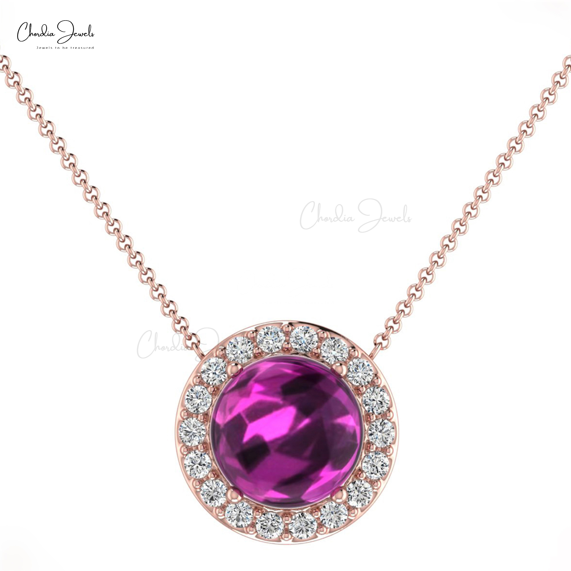 Beautiful Deep Pink Rhodolite Garnet Pendant Wholesale 14k Gold Real G-H Diamond Halo Pendant