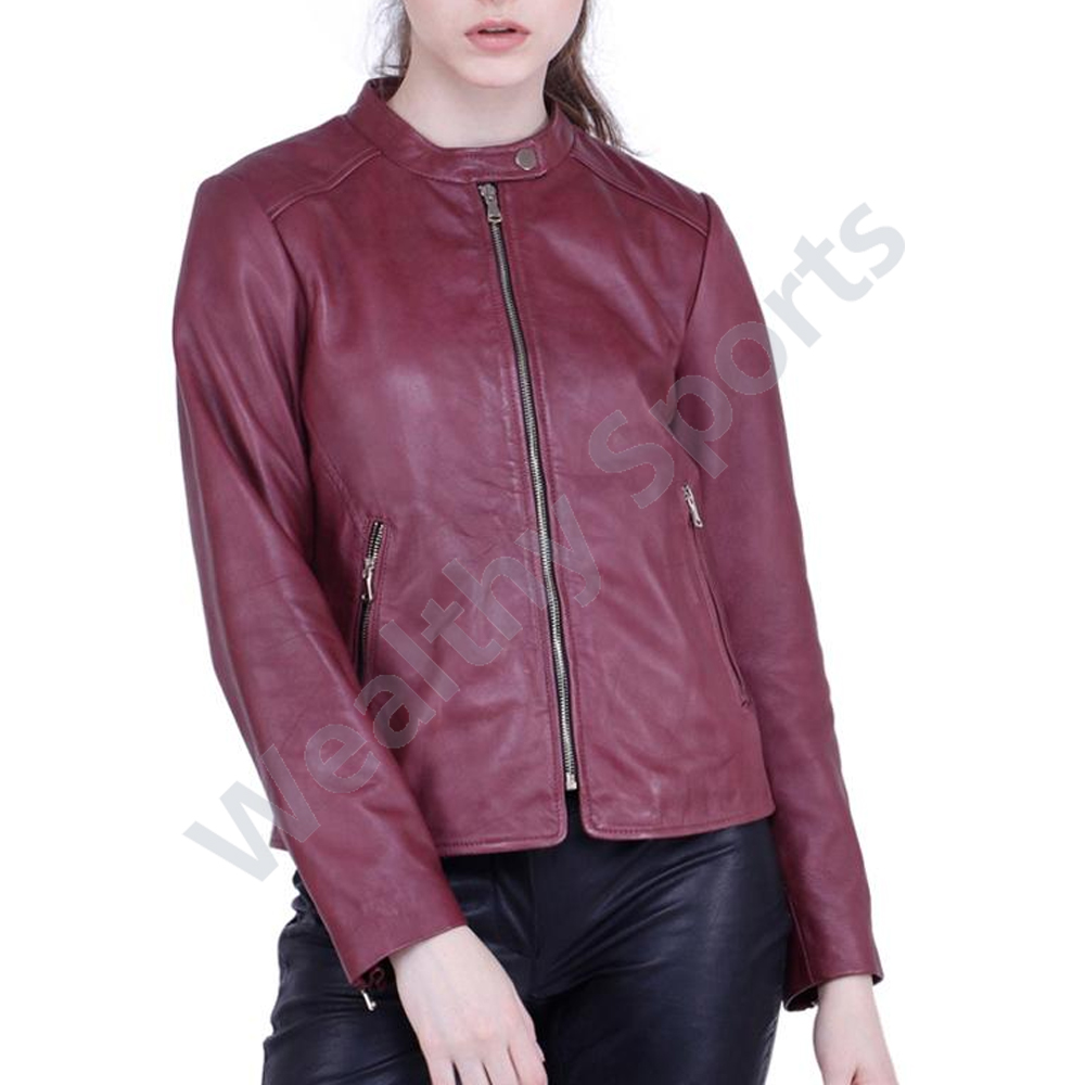 Round neck ladies leather Jacket