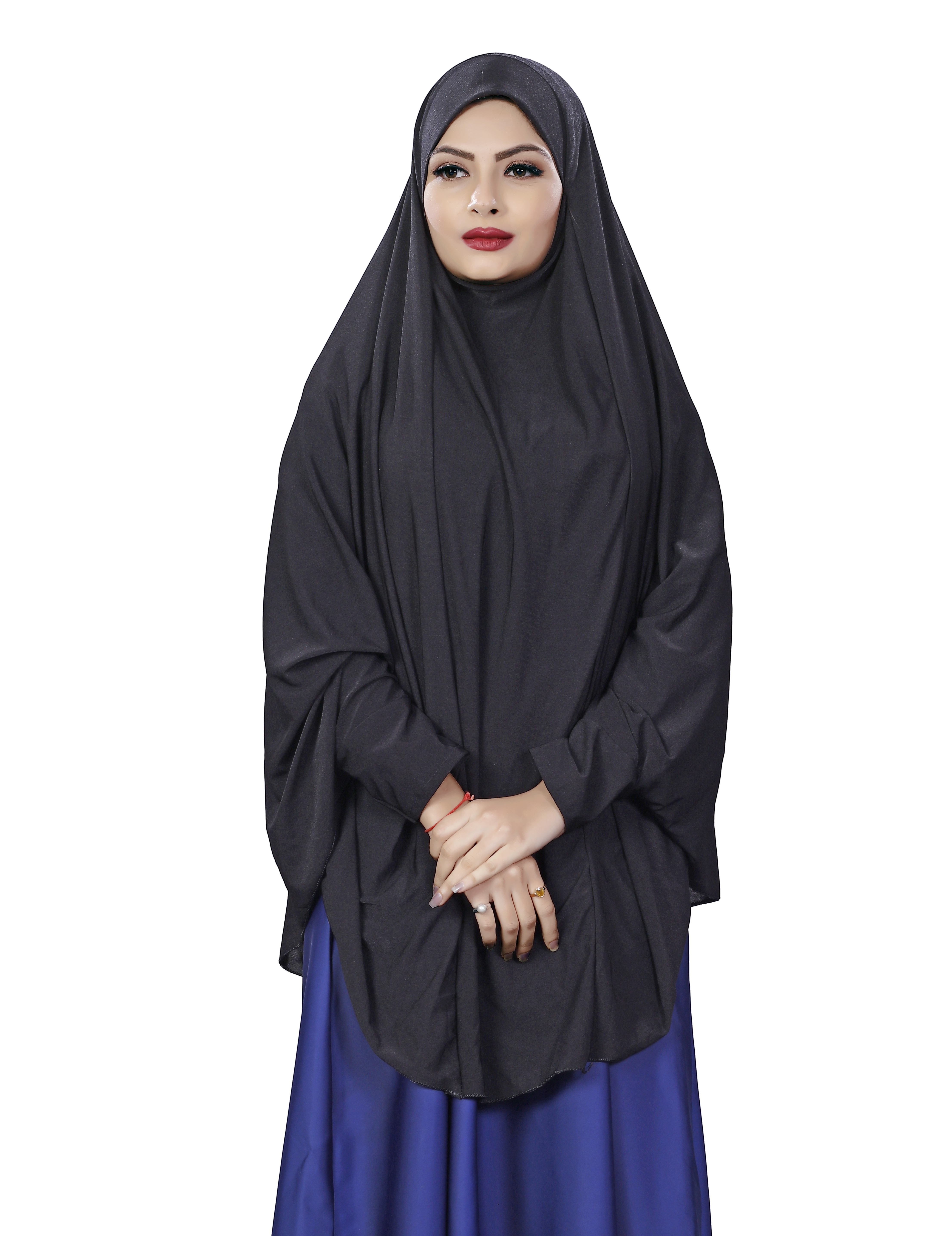Black Plain Lykra Stretchable Stitched Islamic Chaderi Hijab With Veil And Sleeves