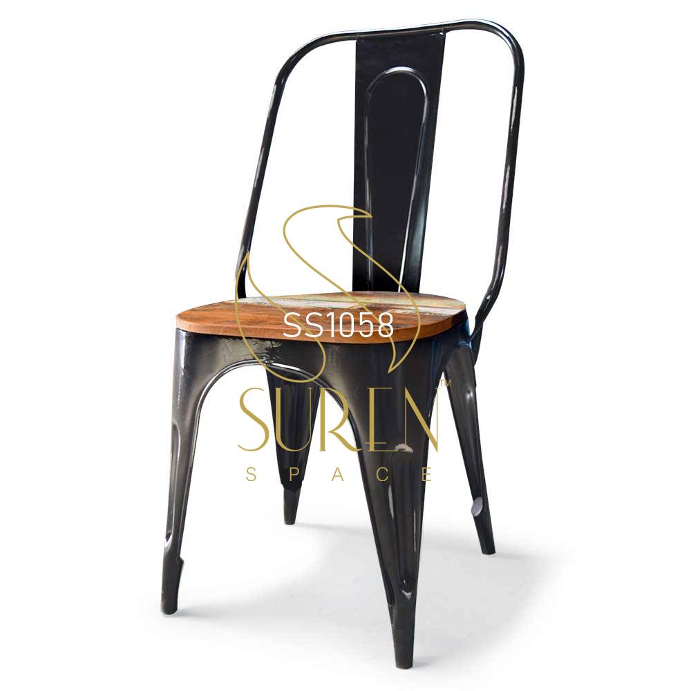 Black Distress Stack Able Metal Popular Chair with Wood Seating For Cafe Bistro Cafeteria Canteen & Food Court Area