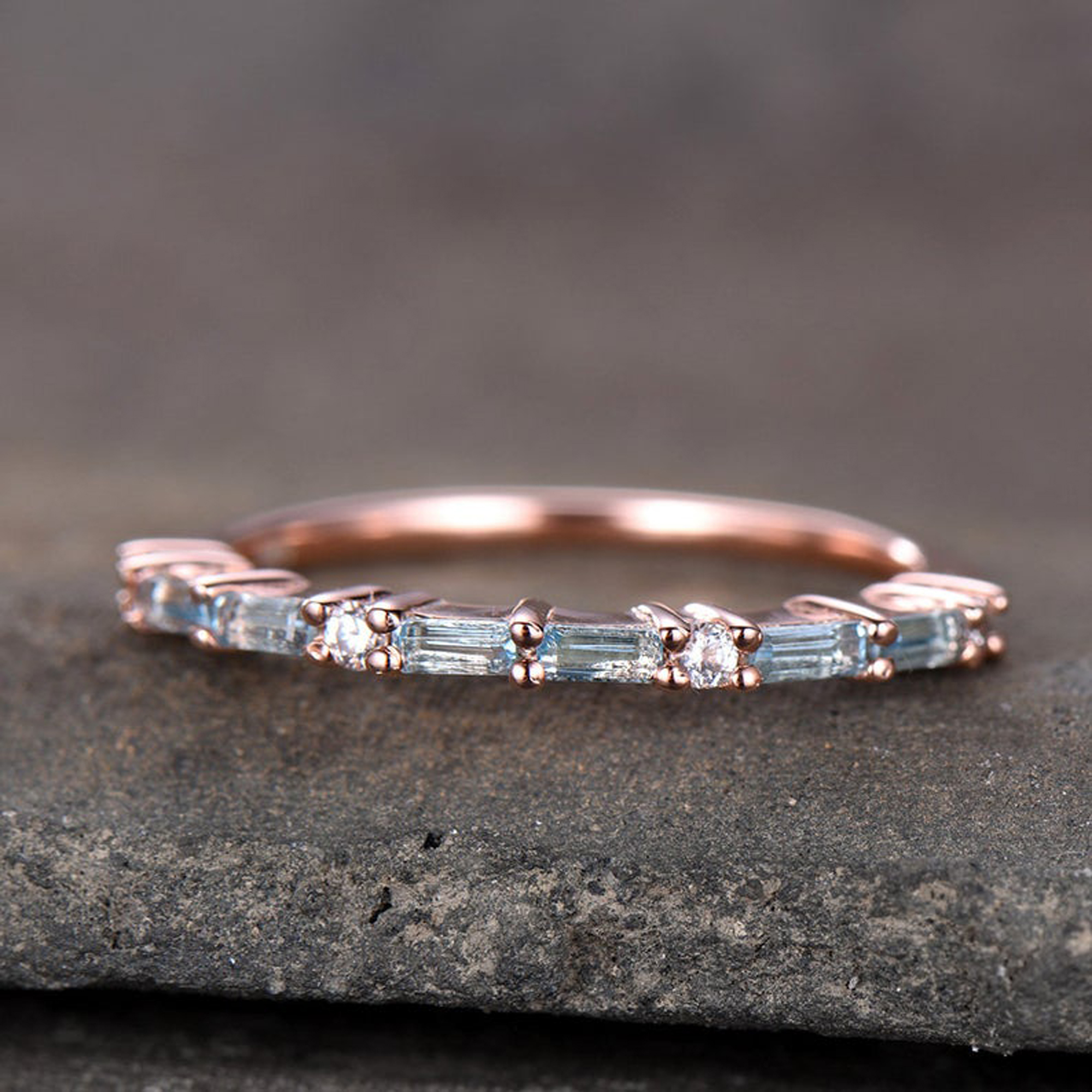 Topaz Wedding Ring Baguette Cut Blue Topaz CZ Stacking Band Rose Gold Plated Sterling Silver Anniversary Gift
