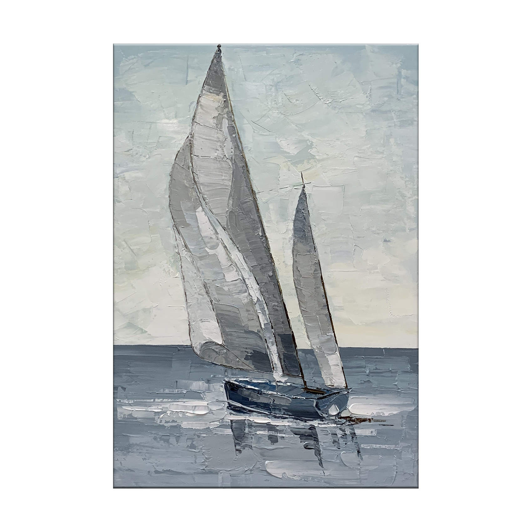 Wall Art Sailboat Decorative Painting Large Handmade Sky Blue Sailing Ship Painting Modern Minimalist Style 24X32inch/60X80cm
