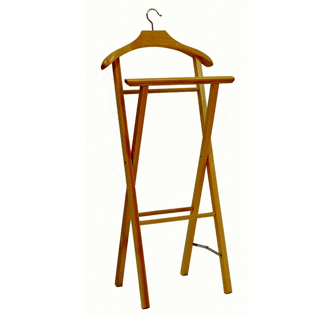 Top quality Italian folding valet stand in solid beech wood walnut color with shaped hanger in&out for bedroom and closet
