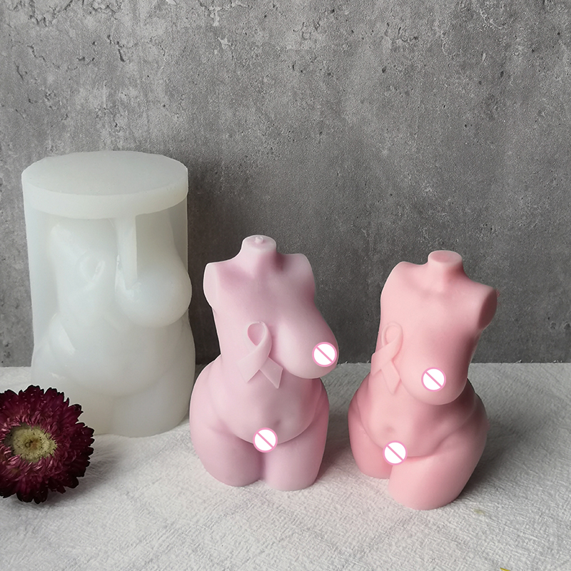 J166 New Design Pink Ribbon Women Torso Silicone Candle Mould Scented Soy Human Naked Curvy Mastectomy Breast Cancer Candle Mold