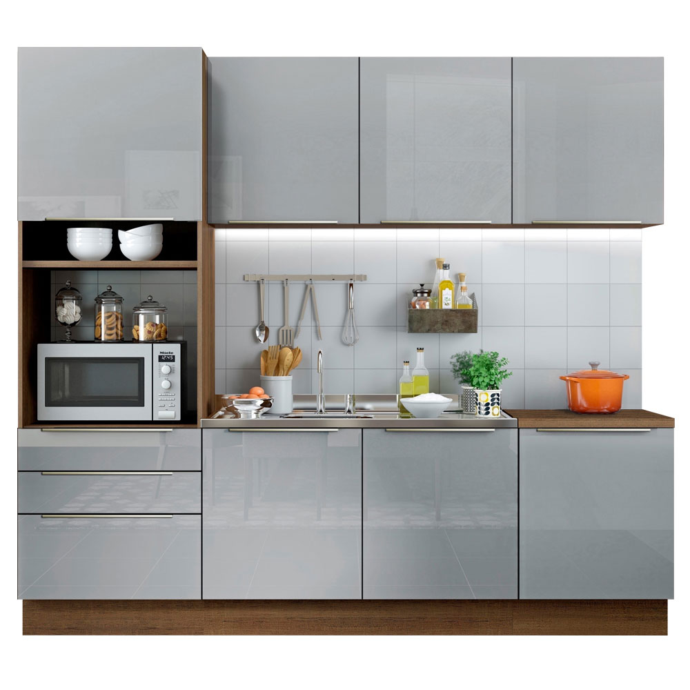 Madesa Modern Wood Furniture Modular Compact Complete Kitchen Cabinet Lux with 7 doors and 3 drawers 240cm (Rustic/Gray)