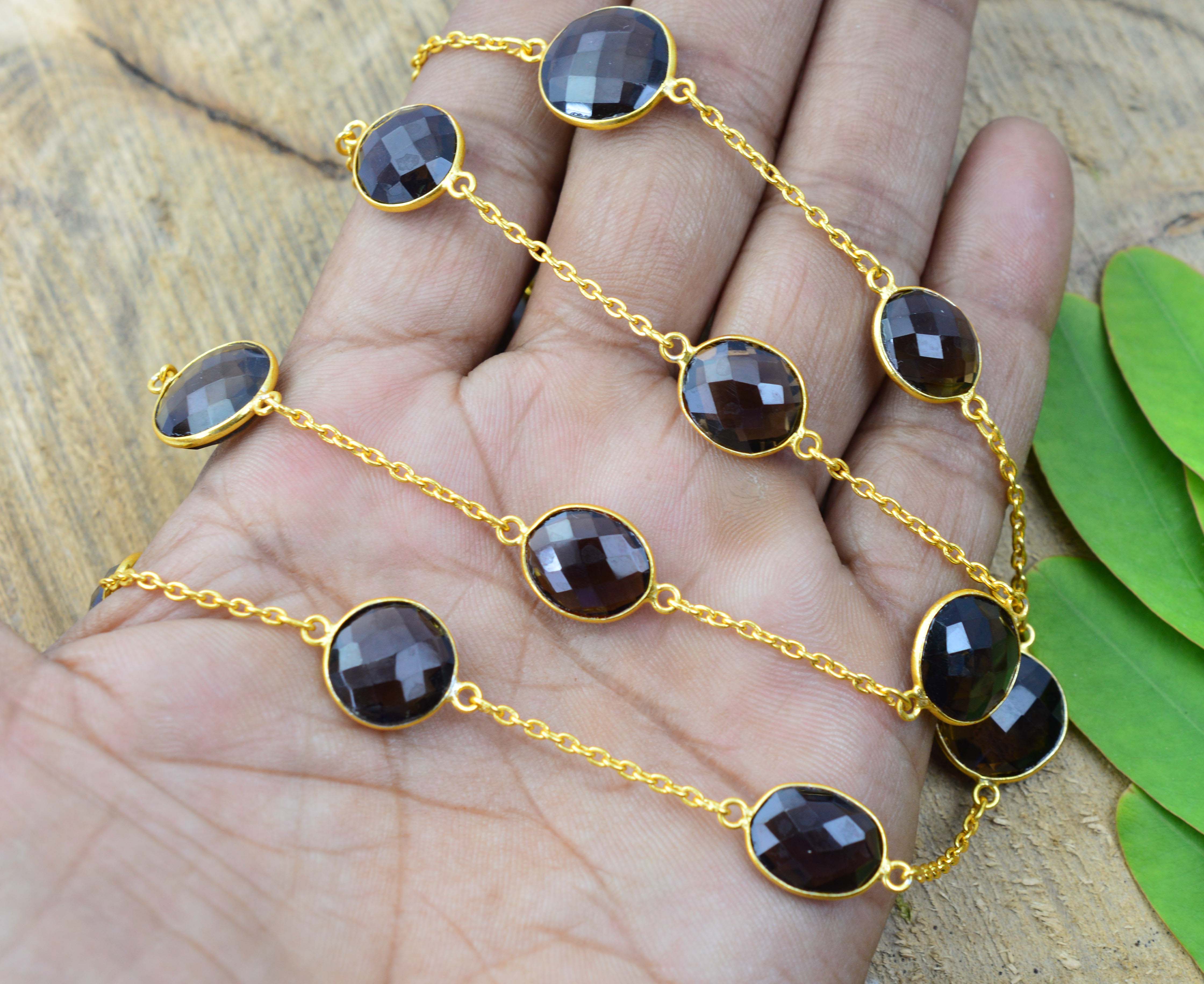 Elegant Faceted Smoky Quartz Necklace Gemstone 925 24CT Gold Overlay Sterling Silver Jewelry