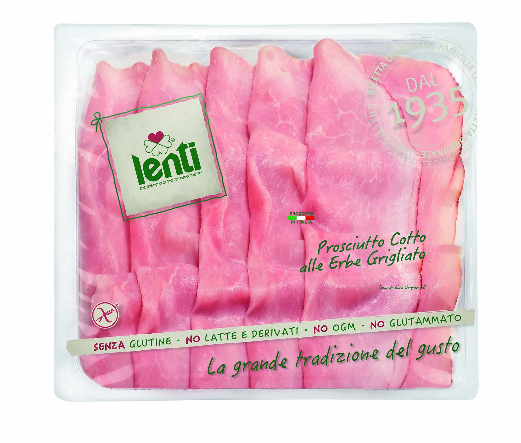Grilled High Quality Prosciutto Cotto Cooked Ham with aromatic herbs Presliced Trays 0,100 Kg LENTI Made in Italy