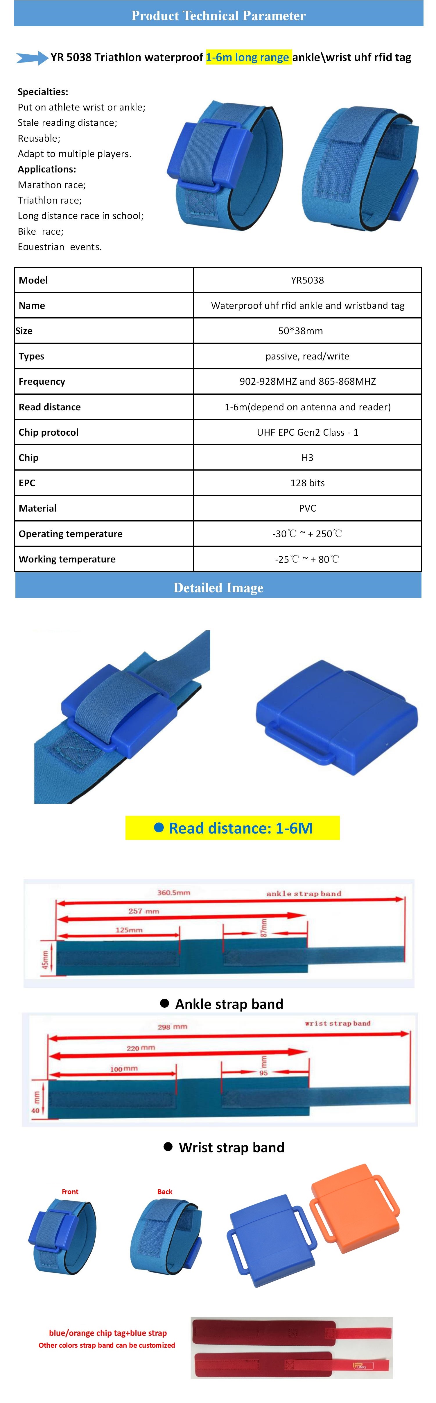 Passive waterproof long range 6m UHF Rfid Wristband Tag For swimming chip timing system reusable with strap support custom logo