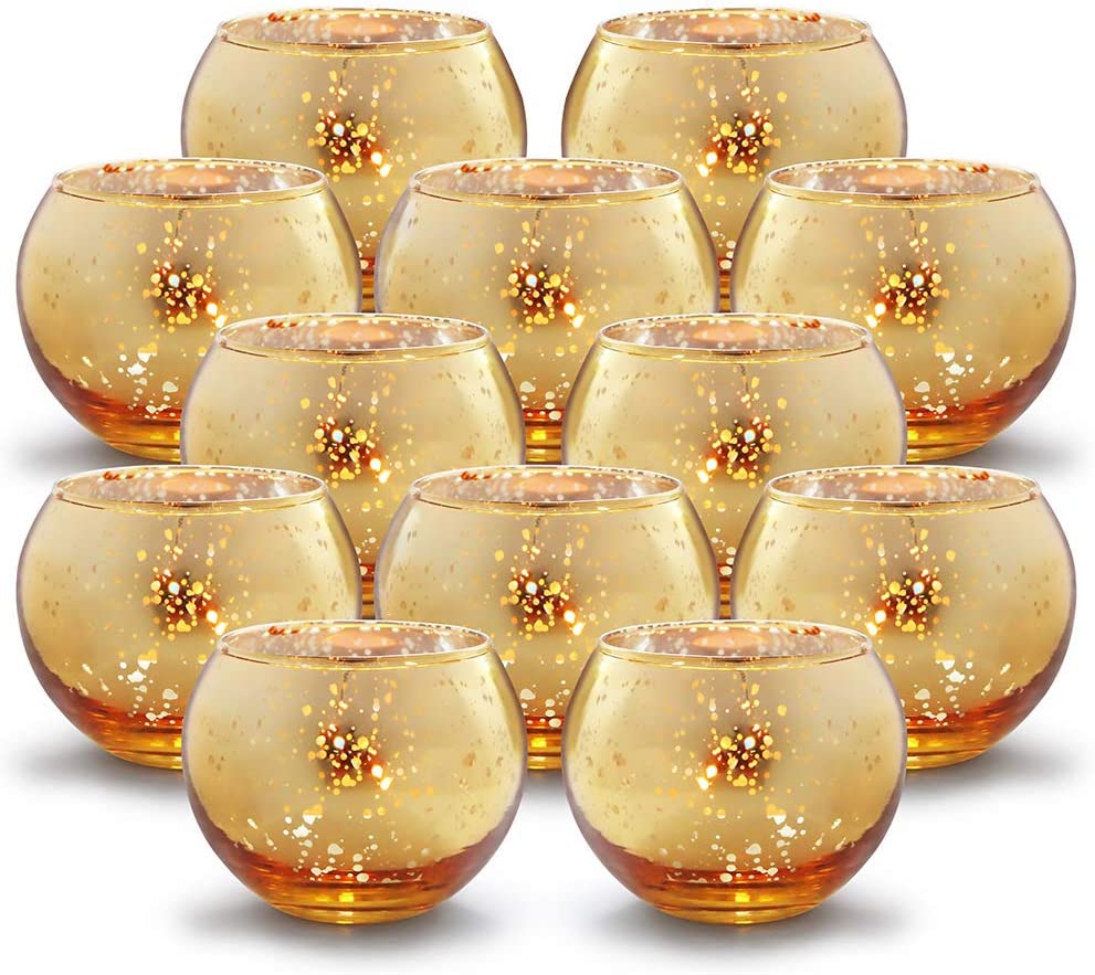 Round Mercury Glass Votive Candle Holders for Weddings Christmas Set of 12