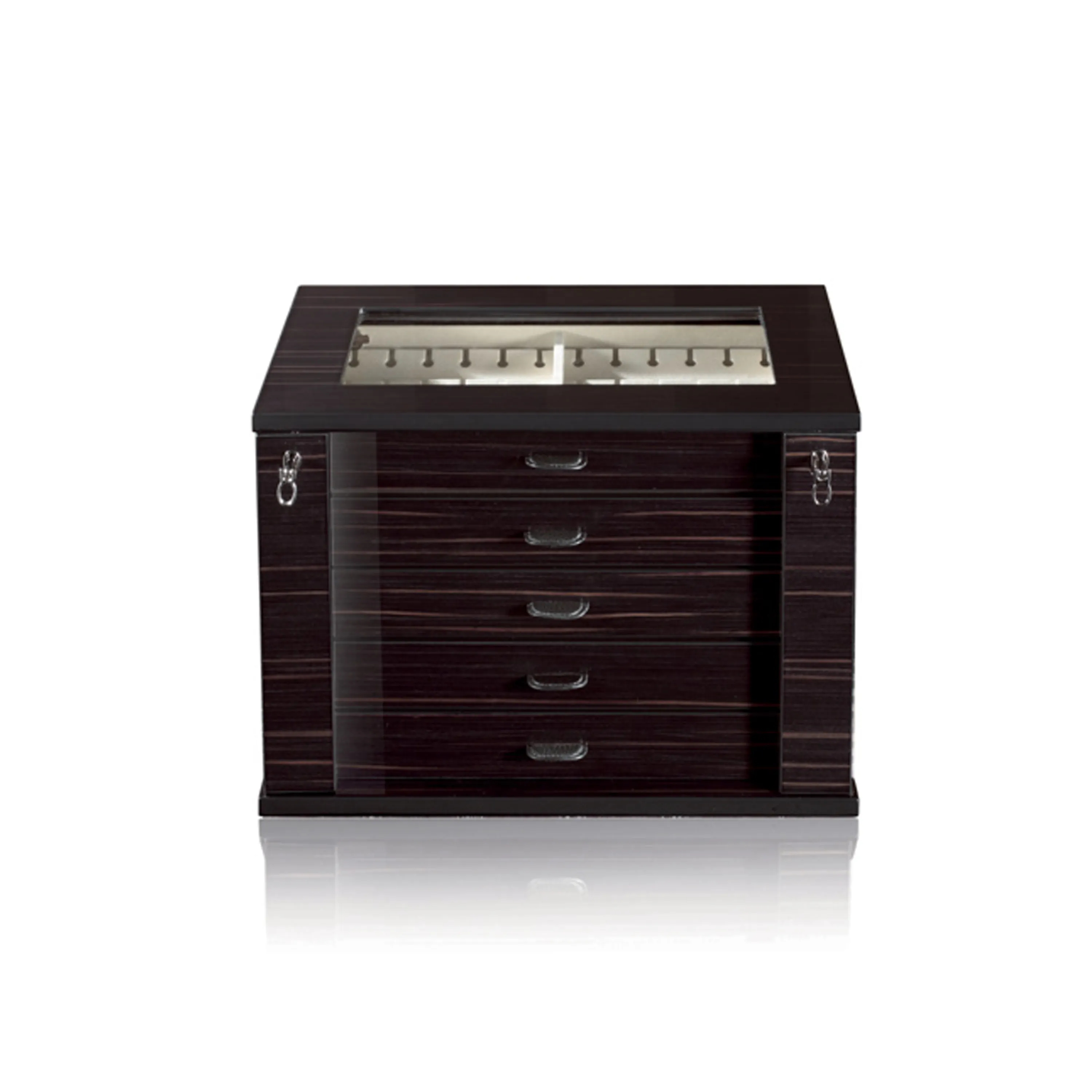 Chest in polished ebony, lockable, for 54 pairs of cufflinks, extendable to 90 pairs. Cufflinks