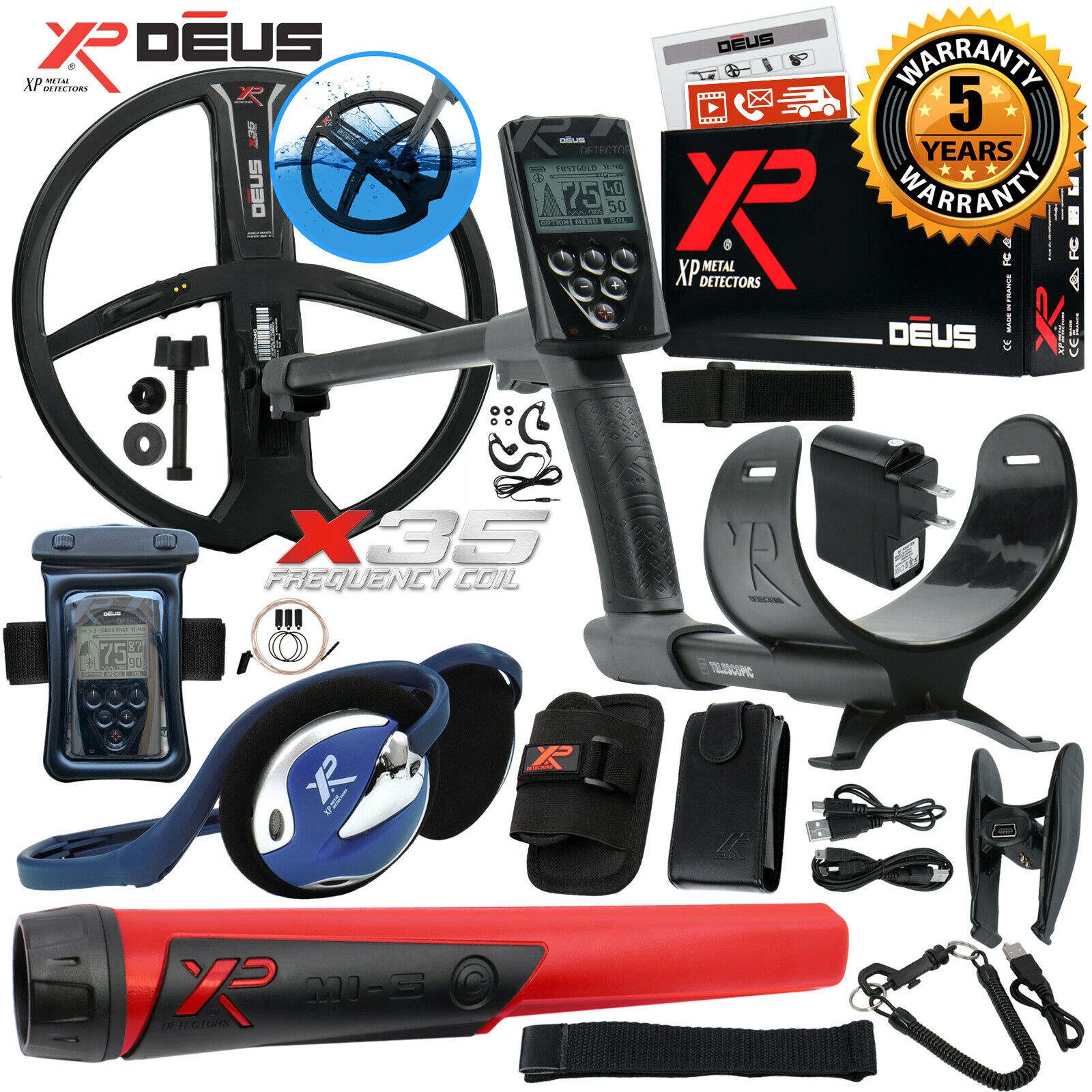 NEW XP Deus Metal Detector MI-6 Pinpointer Backphone Remote X35 Coil