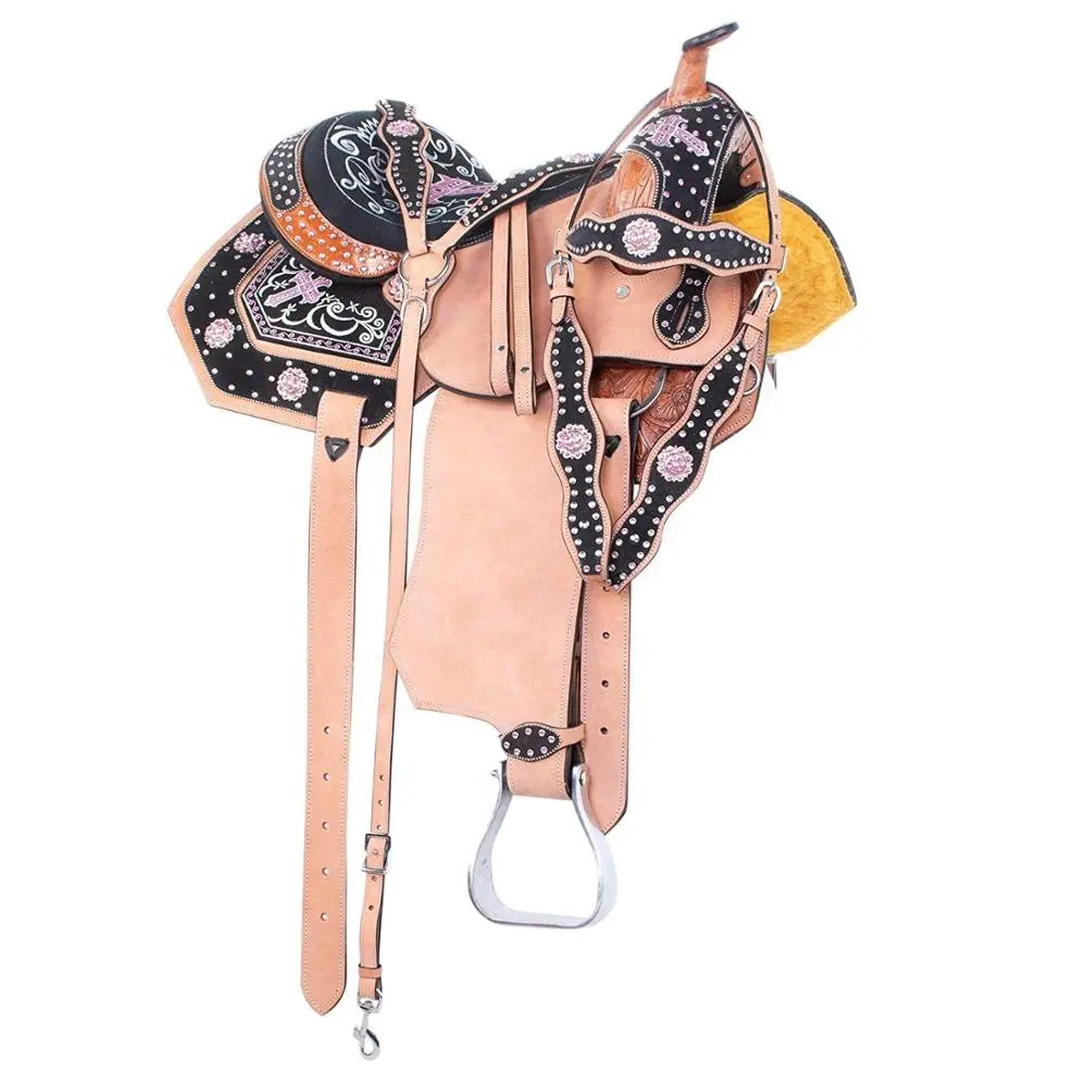 Pink Cross Western Barrel Racing Leather Horse Saddle Tack Headstall Reins Breast Collar Set