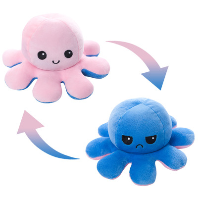 Reversible Octopus Plush - Soft And Cute Reversable Stuffed Toy Plushie to Express Happy Sad Mood Pink Blue
