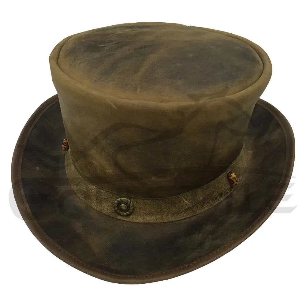 Vintage Brown Leather Top Hats Crazy Cowhide Antique Brown For Formal Events Simple Hatband With Conchos & Bones Best Quality