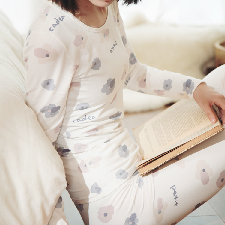 Women Autumn Pure Cotton Cozy Soft Long Johns Loungewear Sleepwear Sets with Long Sleeve Shirt and Pants Ivory with Gray Flowers
