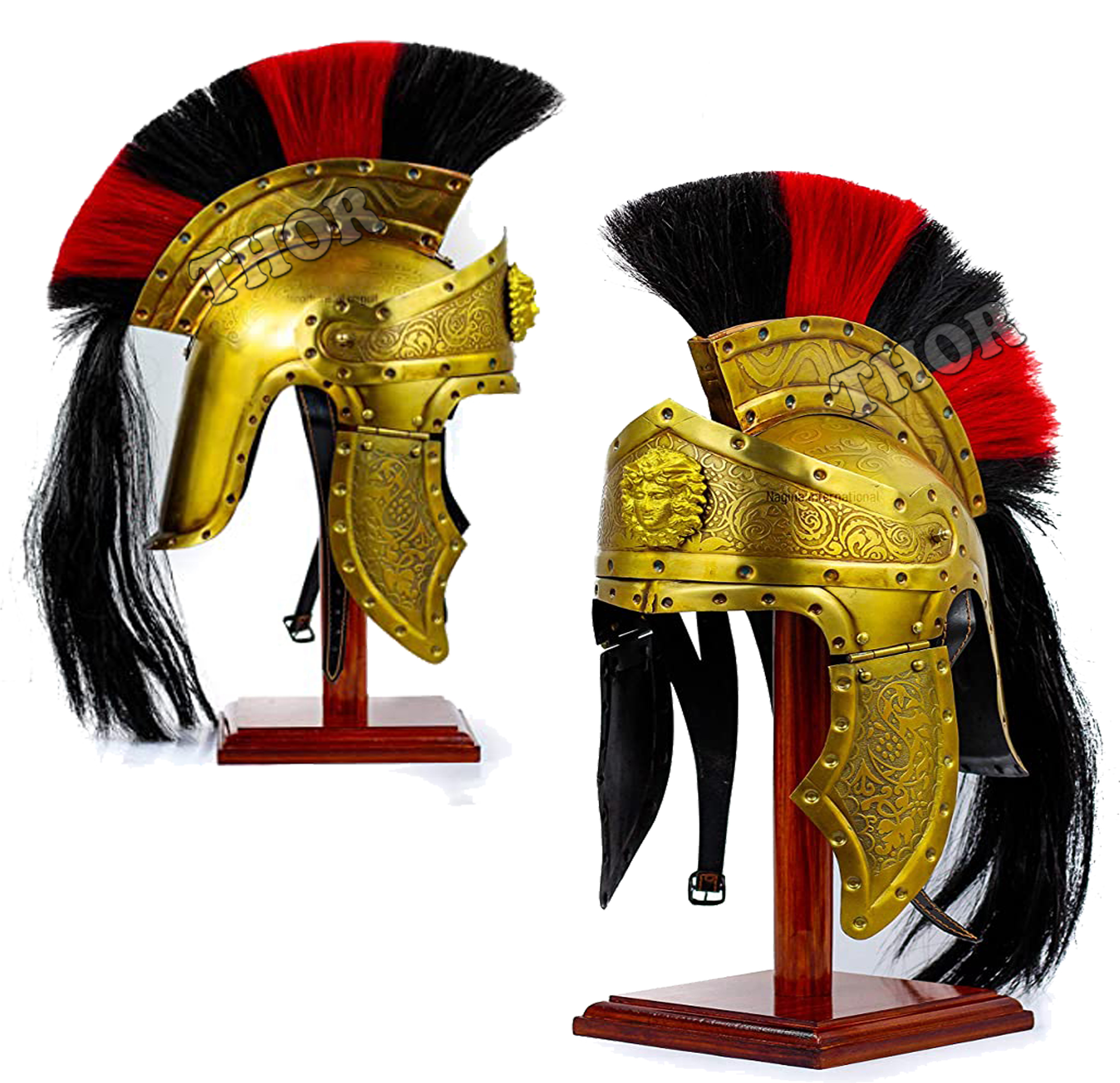 Vintage Style Medieval Roman 300 Spartan Helmet King Golden Polished Movie Helmet Gift Costume W/ Wooden Stand