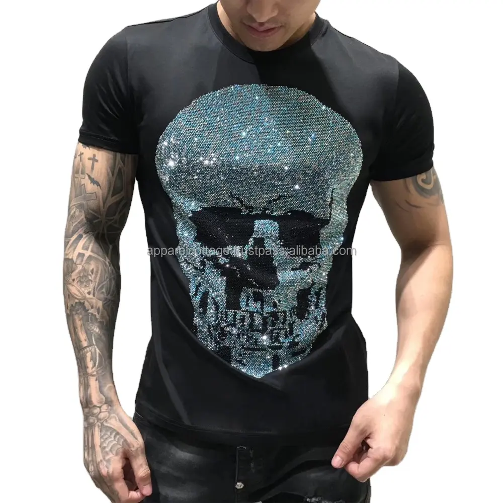 wholesale men's custom fashion high street slim fit rhinestone heat transfer summer printed embroidery cut and sew tee tshirts