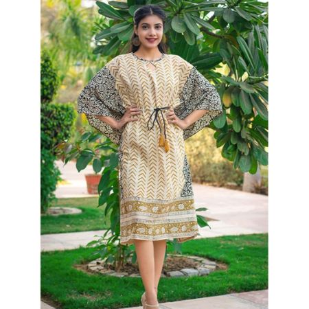 2021 new summer arrival boho beach casual short sleeve waist tie hand block print knee length beach kaftan cover up