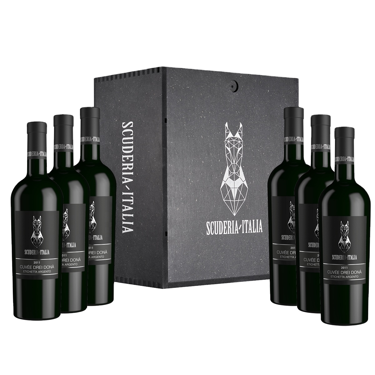 Престижное итальянское красное вино в деревянной коробке из МДФ CUVEE DREI DONA ETICHETTA Серебро 2011 0,75 14.5%, Scuderia Italia