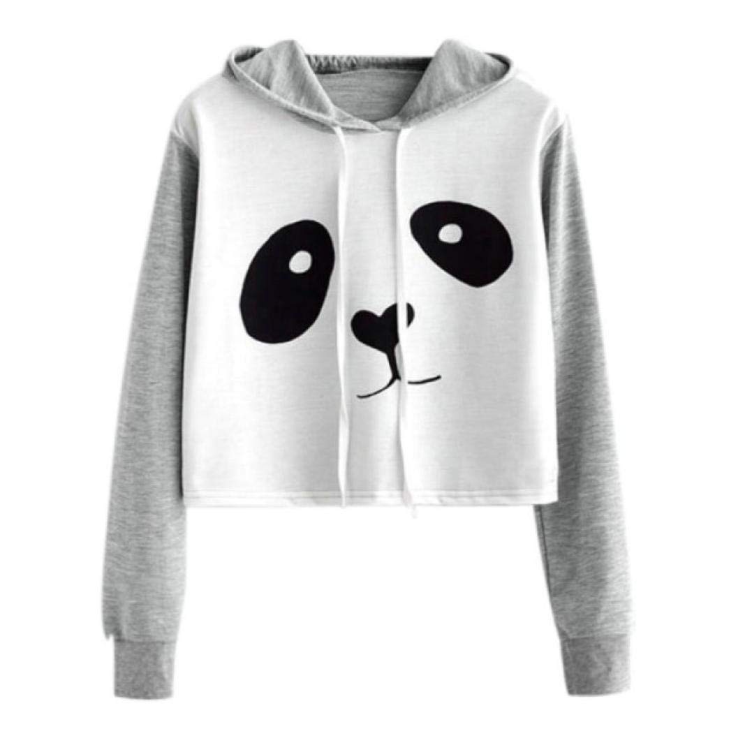 Panda Crop Top Hoodie, Women Teen Girl Cotton Cute Panda pullover hoodie crop top