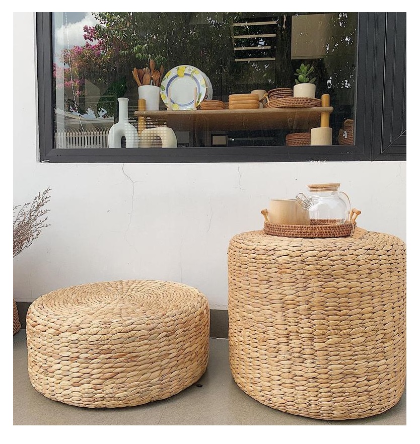 Dark Colored Rustic Water Hyacinth Floor - Cushion Floor Pouf