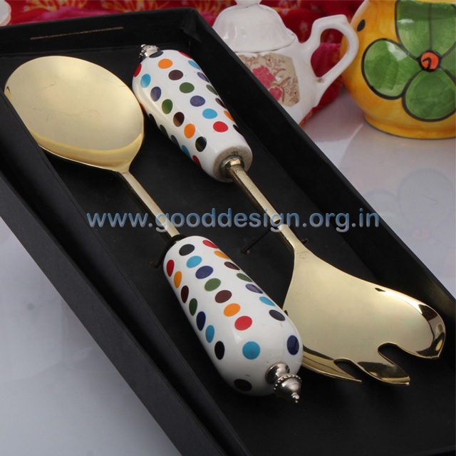 Latest 2 Pcs Stainless Steel Gold PVD Salad Server with Resin Handle or Service Spoon Sets