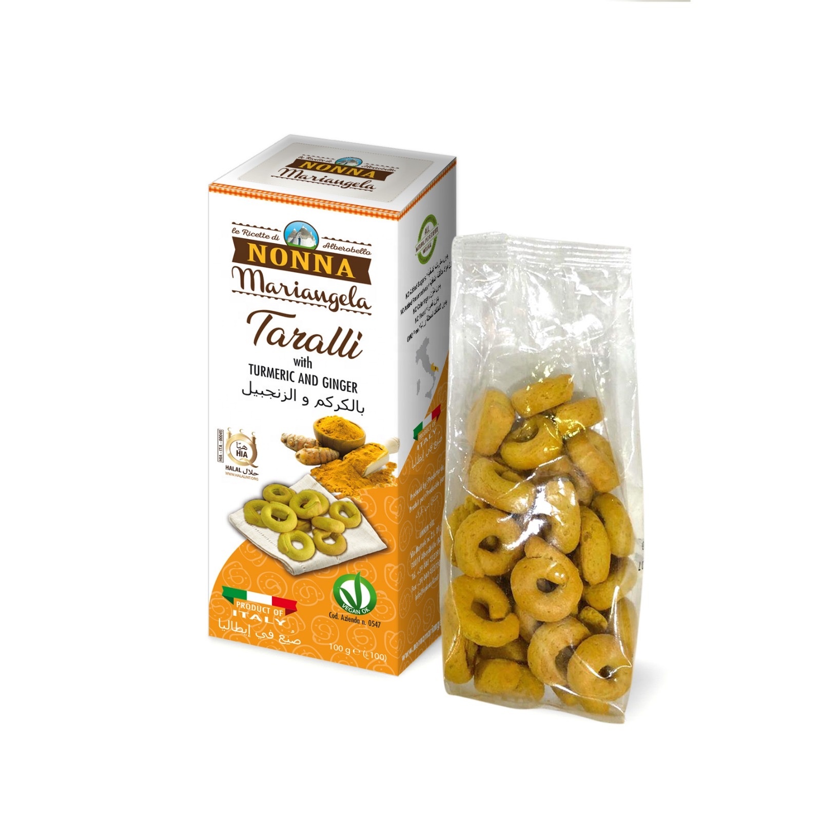 Italian Quality Grain Snack - Taralli with Turmeric & Ginger 100g - Halal snack, Vegan snack, 100% natural food